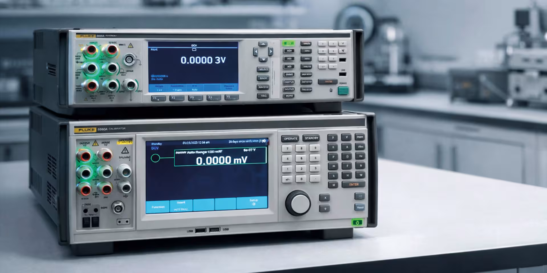 Zwei elektronische Kalibriergeräte stehen übereinander auf einem Labortisch.