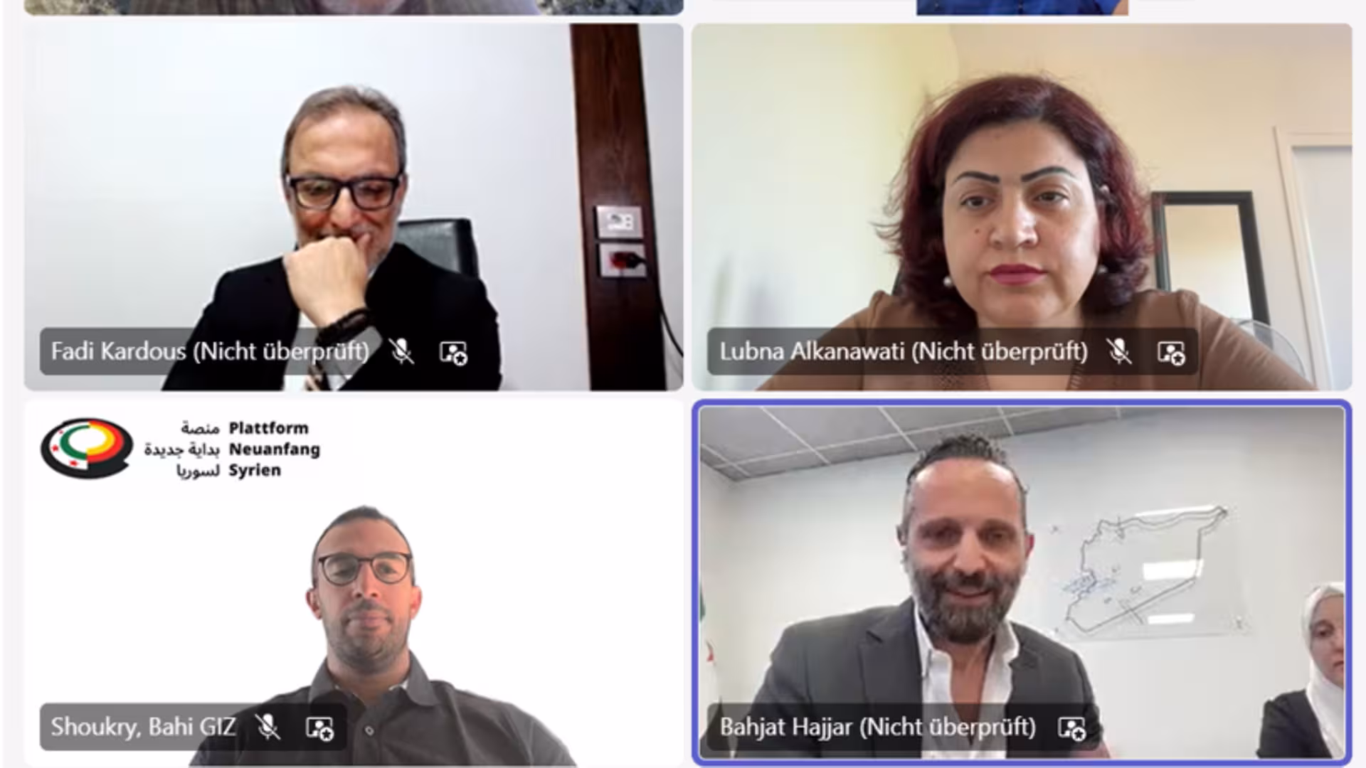Bildschirmfoto, aufgenommen während der digitalen Veranstaltung der Plattform „Neuanfang für Syrien“ zur NGO-Registrierung in Syrien